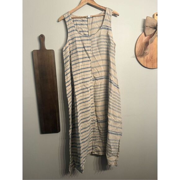 J. Jill Pure Jill Womens Tan Blue Linen Mix Stripes Sleeveless Maxi Dress Medium - Picture 1 of 5